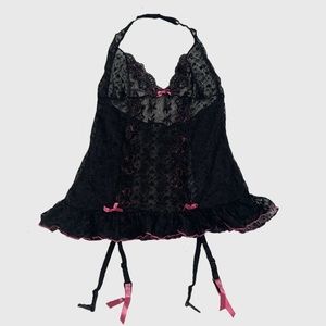 Y2K Rene Rofe Black & Pink Lace Lingerie Halter Top with Bows Size S/M